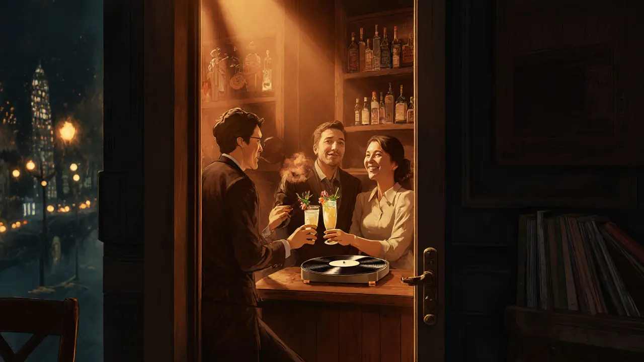Hidden speakeasy bar with warm lighting, craft cocktails, and vinyl records in a moody interior.