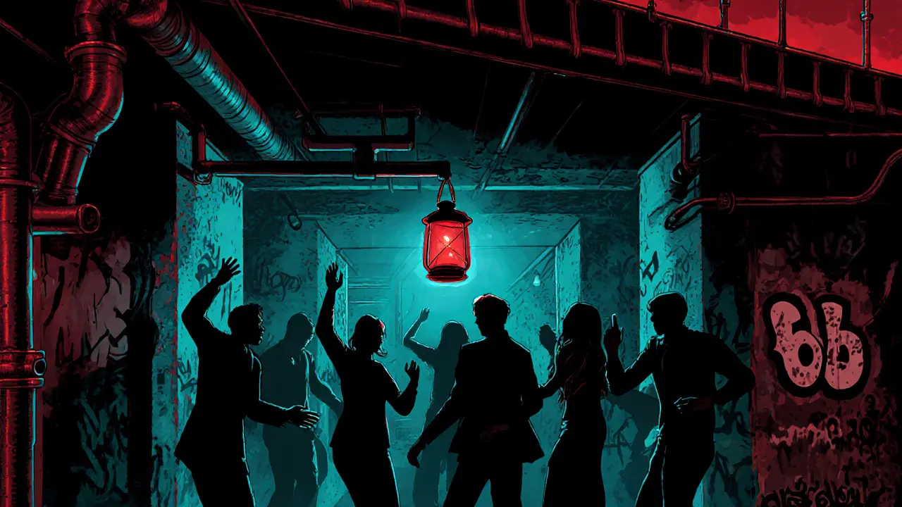 Hidden underground club Bar 66 lit by a single red lantern, people dancing to deep house music in shadows.