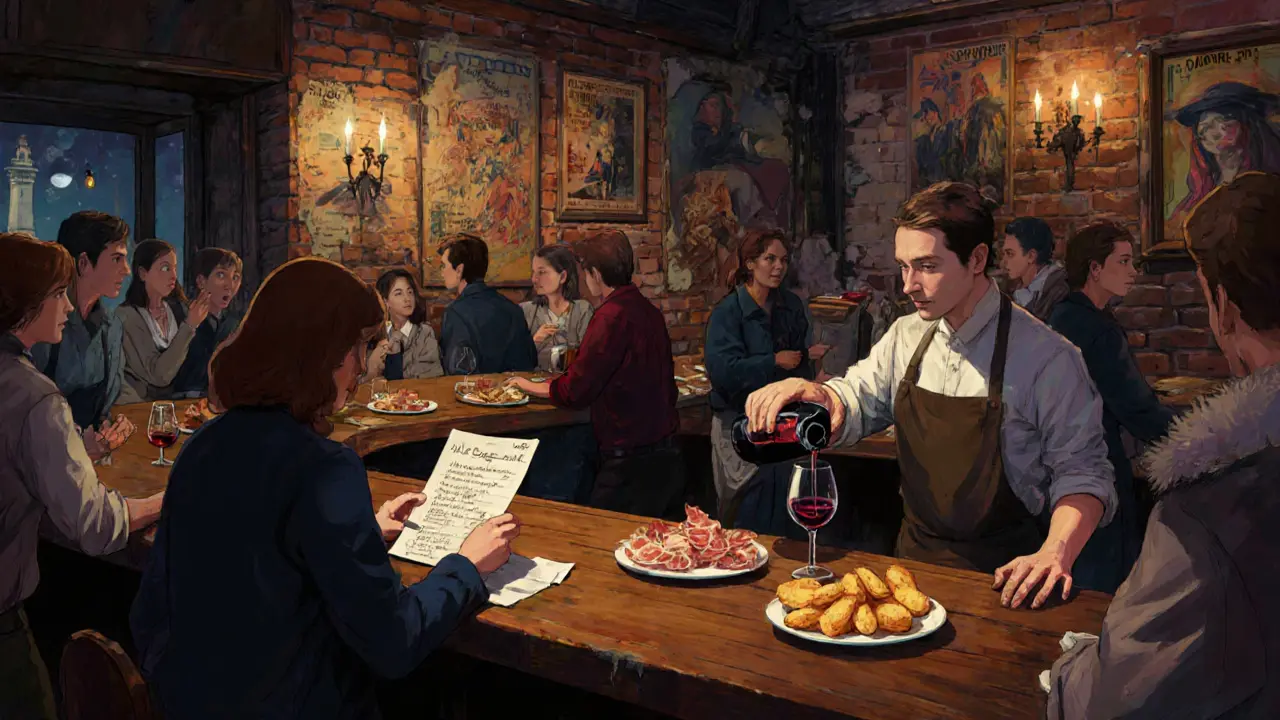 Locals stand at a rustic wine bar in Paris, sharing charcuterie and wine under soft candlelight after midnight.