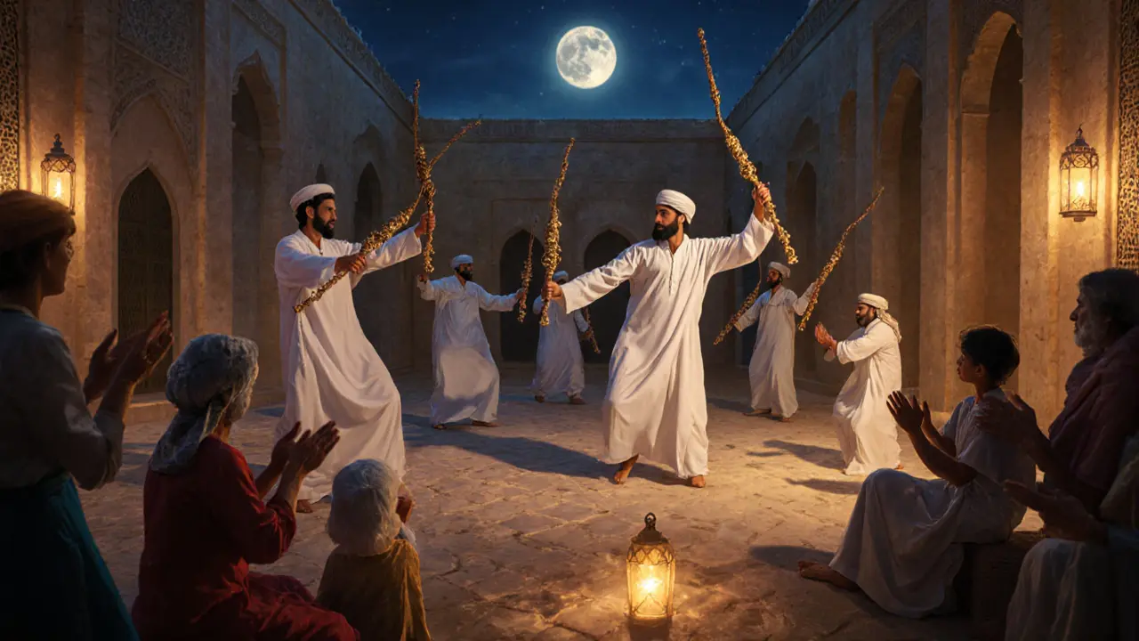 Men performing traditional Ayyala dance with sticks in a moonlit courtyard, spectators watching.
