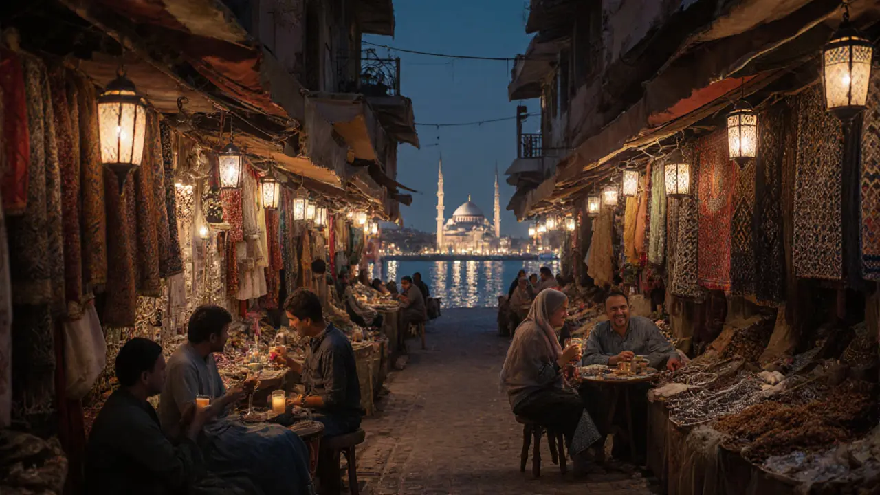Night market at Al Mina Souq with lanterns, vendors, and families sharing coffee under starlight.