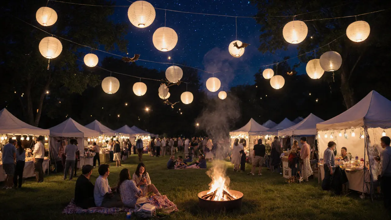 Night market under lanterns with fireflies, families on blankets, and bats flying above a grassy field at dusk.