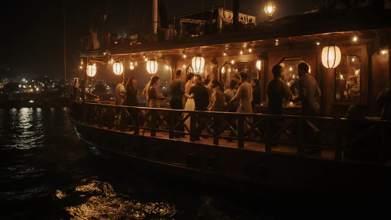 Nightclub on a historic wooden yacht with lanterns and dancers by the Bosphorus shore.