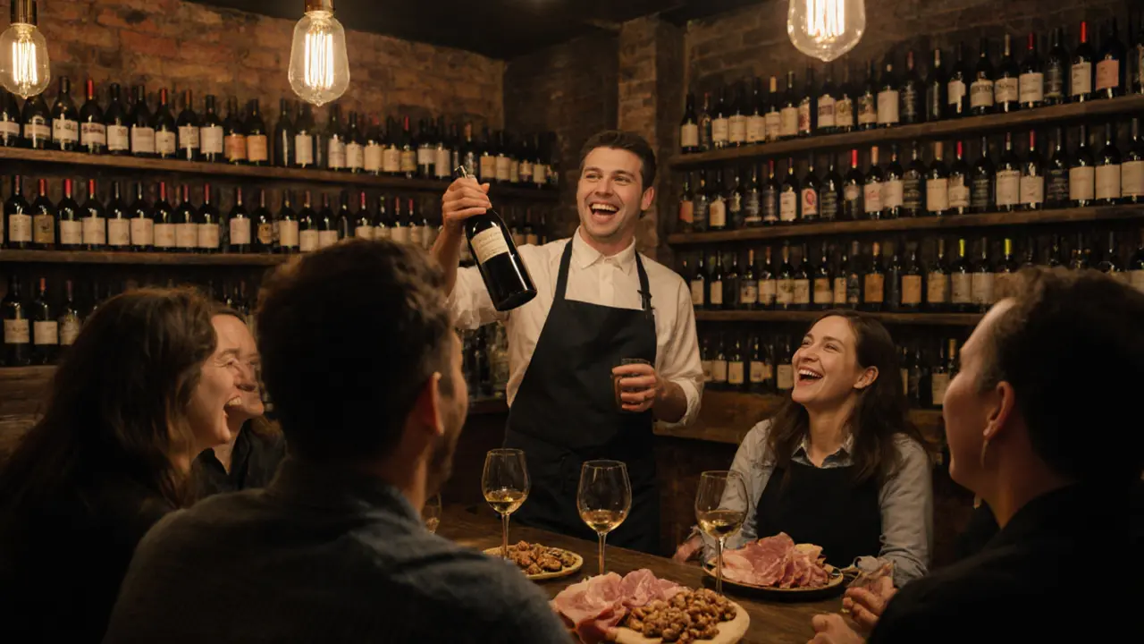 Patrons enjoying charcuterie and wine in a cozy Soho bar with bottles lining the walls and staff sharing wine stories.