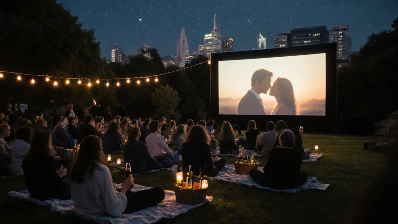 People enjoying a free outdoor movie under the stars with blankets and wine in a London park.