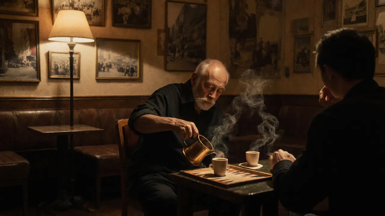 Quiet 24-hour café with Turkish coffee being poured and men playing backgammon at night.