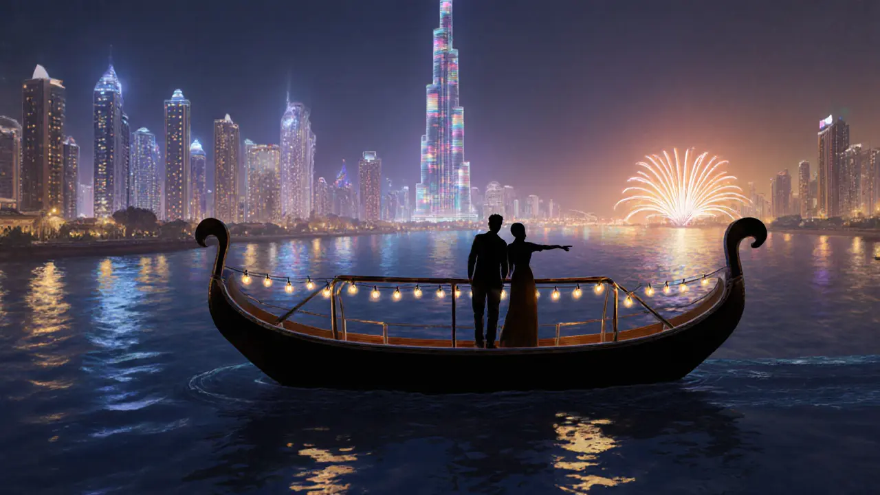 Silhouettes on a private dhow cruising Dubai Creek as the Burj Khalifa lights up in the distance.
