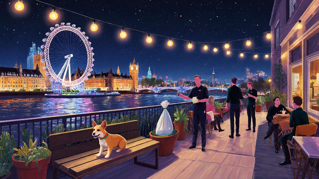 Small dog on a rooftop terrace overlooking London Eye at night with string lights and waste bags nearby.