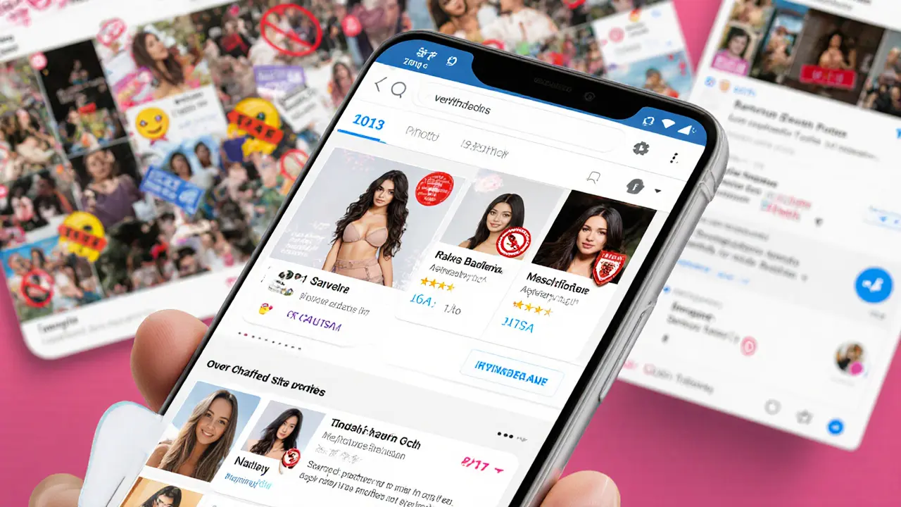 Smartphone screen showing a verified escort directory with authenticated profiles, contrasted with blurred fake ads in the background.