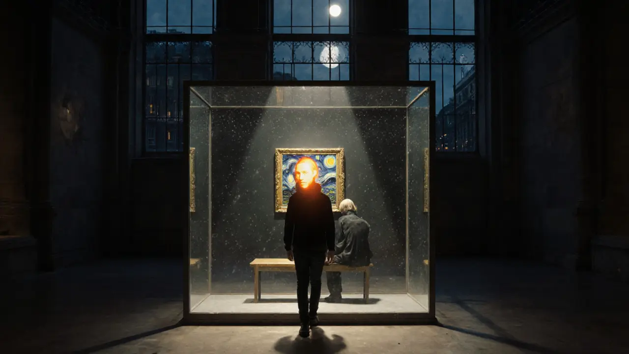 Solo visitor at Musée d’Orsay seeing a glowing companion reflected in the glass before Starry Night.