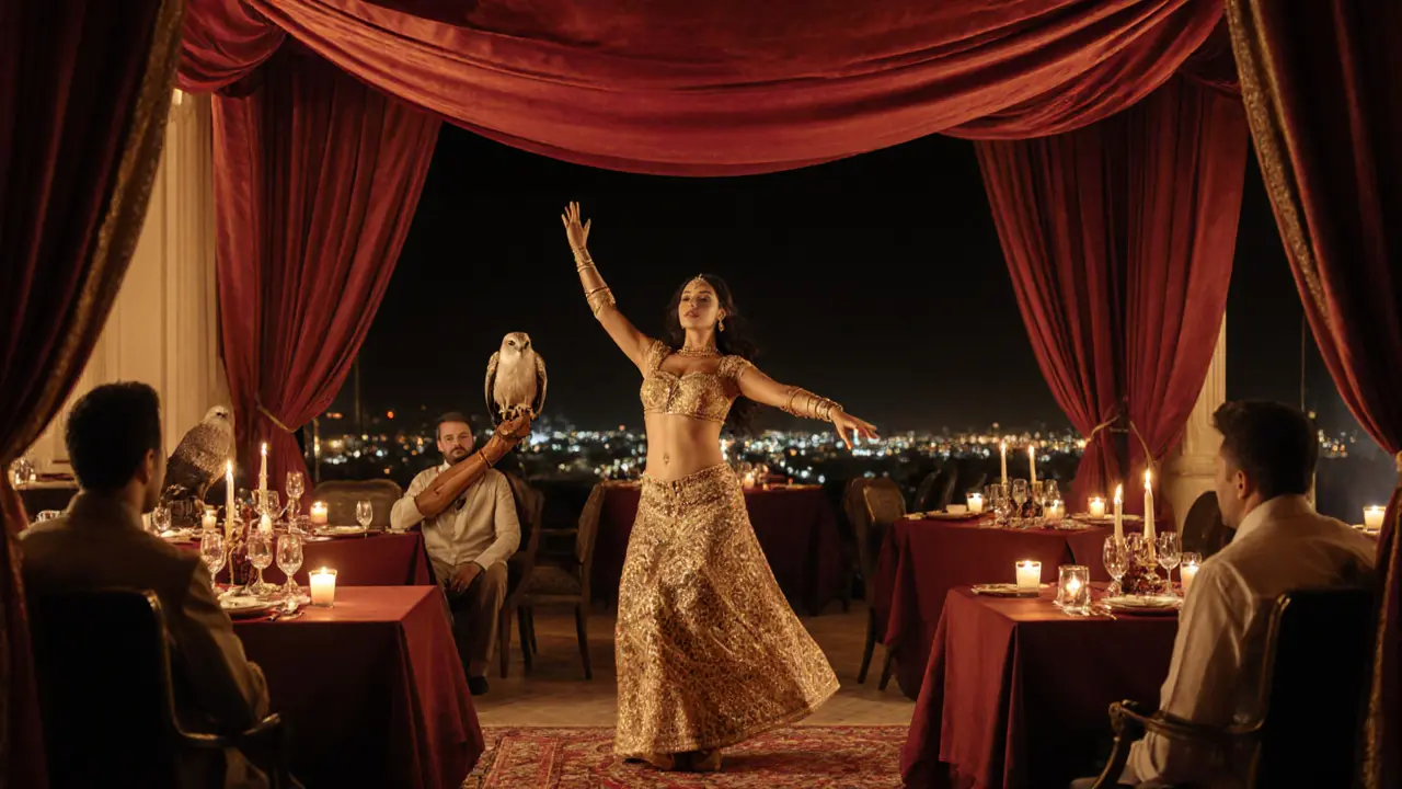 Traditional Arabian Nights dinner with belly dancer, candlelight, and oud musician in opulent palace setting.