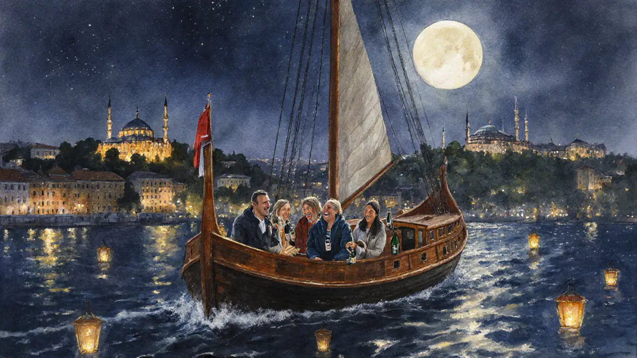 Traditional wooden boat cruising the Bosphorus at night with passengers enjoying the moonlit water.