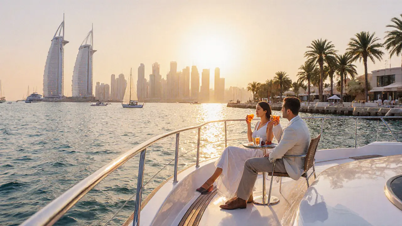 Two figures on a private yacht at sunset, cruising along the Palm Jumeirah.