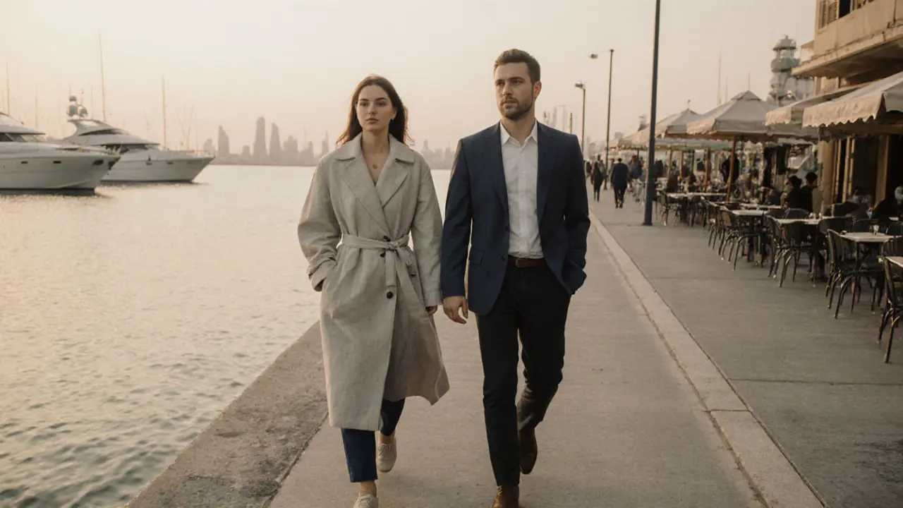 Two figures walk silently along Dubai Marina at dawn, surrounded by still water and soft morning light.