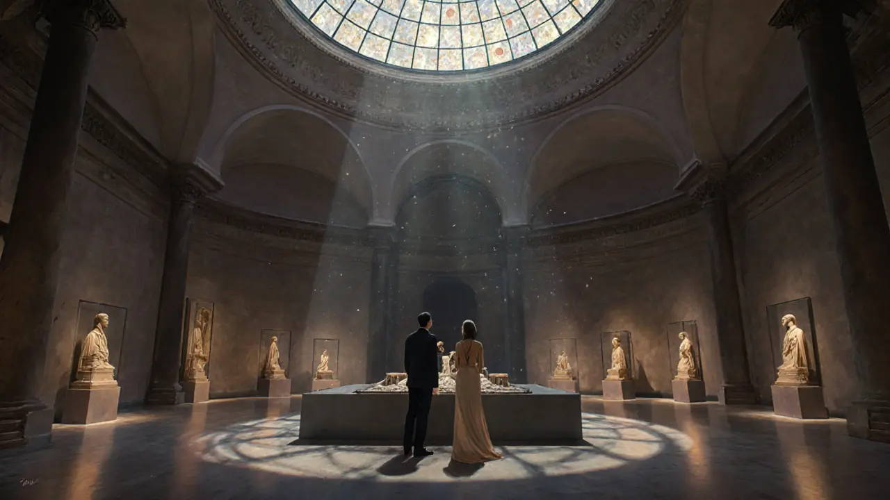 Two people exploring the empty Louvre Abu Dhabi after hours under soft museum lighting.