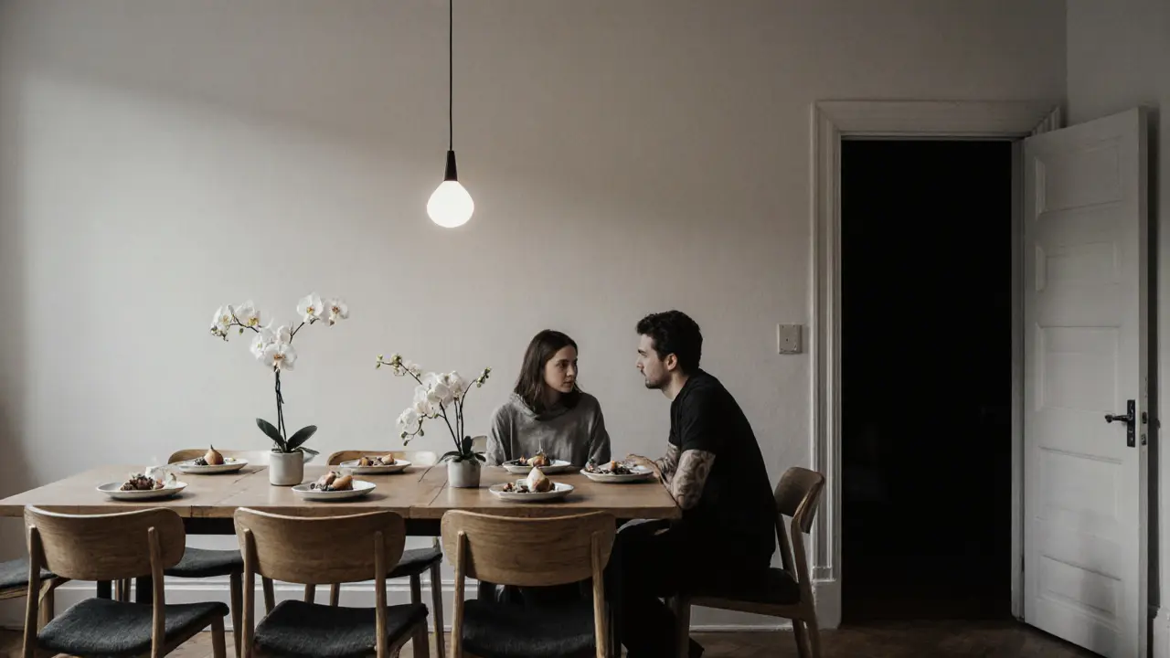 Two people share a quiet meal in a minimalist white dining room with a single orchid and handmade ceramic plates.