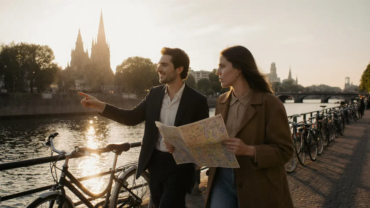 Two people walking along the Spree River at sunset, enjoying the Berlin skyline together.