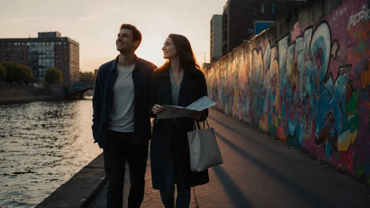 Two people walking peacefully along the Spree River at sunset, colorful murals in the background.