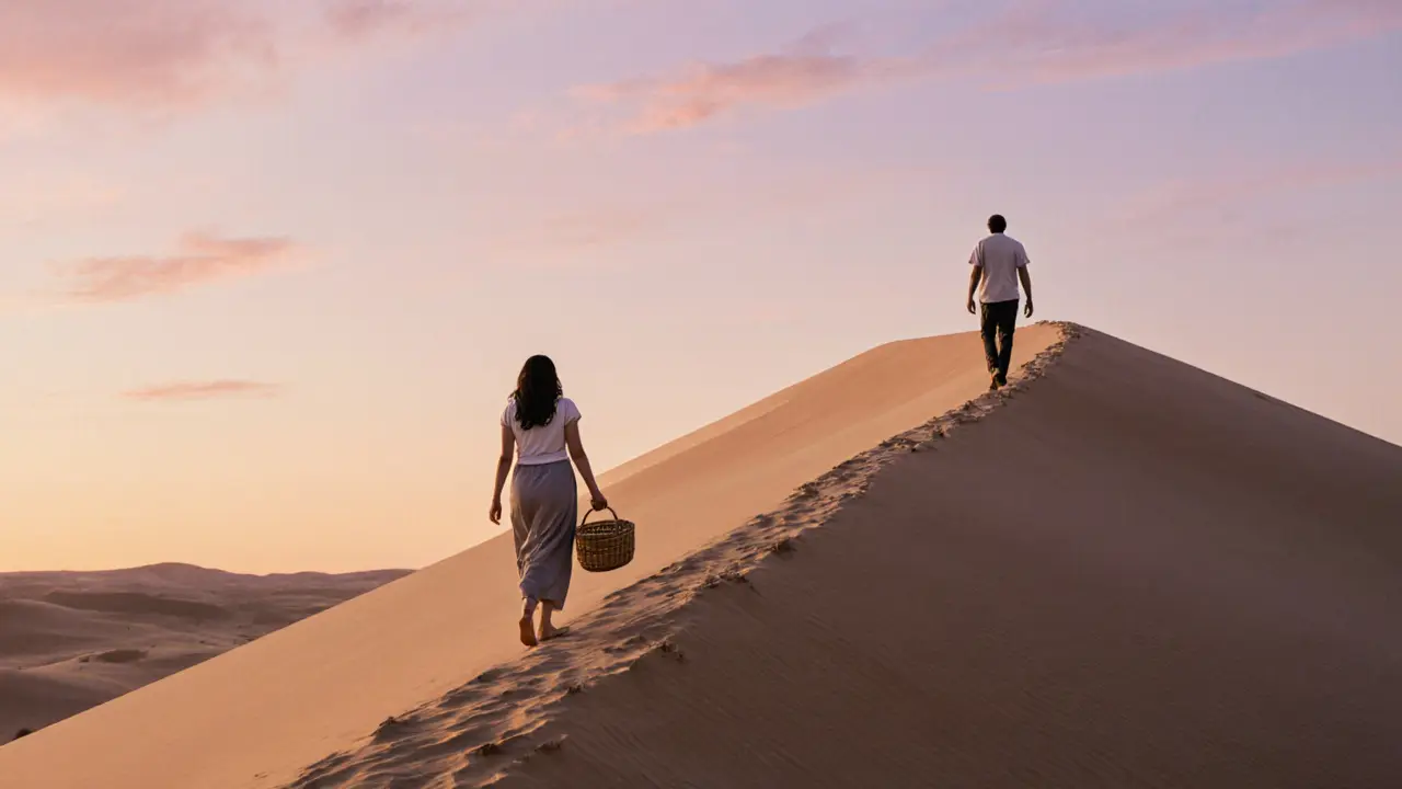 Two people walking silently on a desert dune at sunrise, connected by presence rather than words.