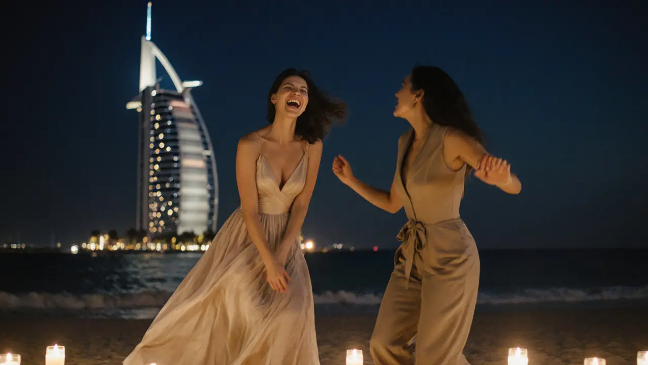 Two women laugh and dance on a beach at night, candlelight and ocean waves creating a joyful, liberating atmosphere.