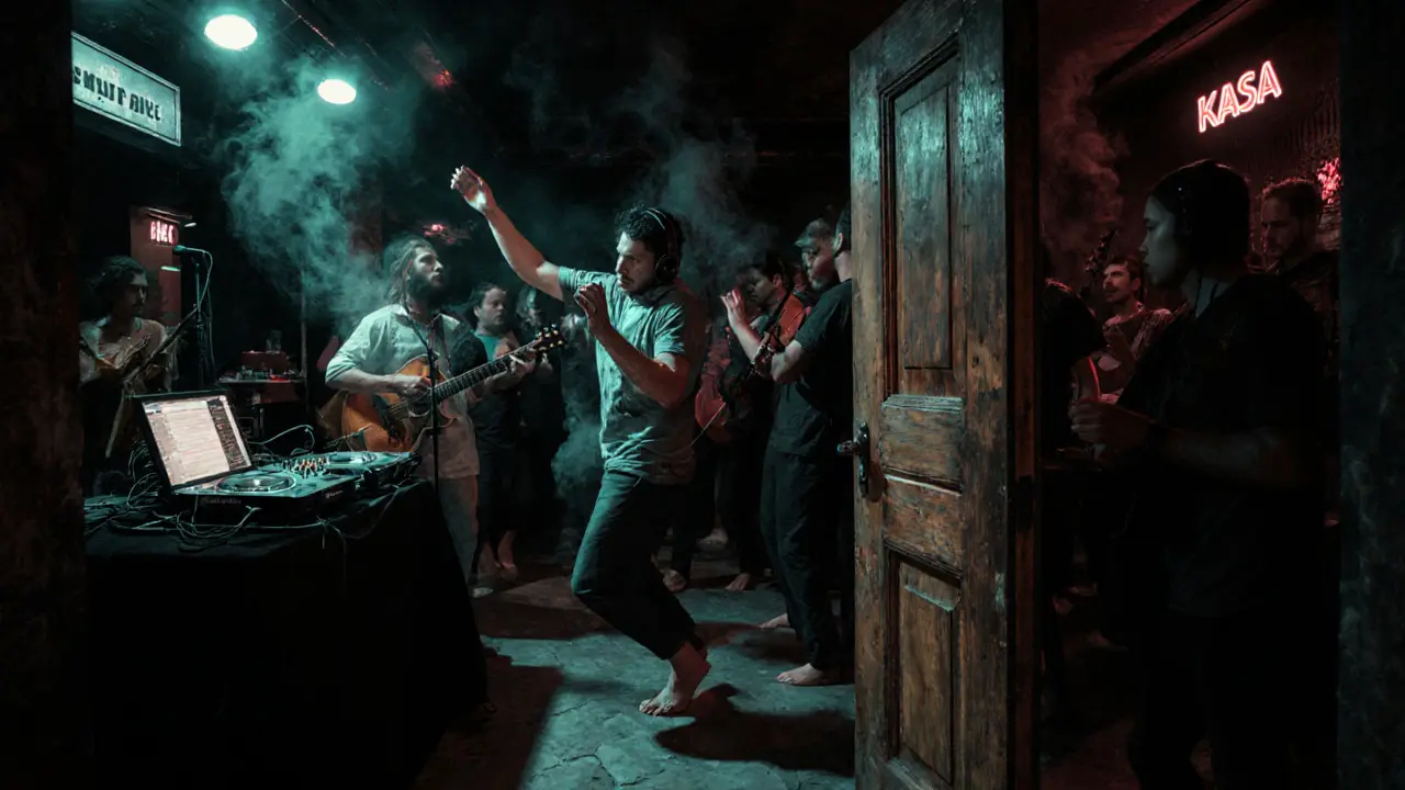 Underground club with live music blending electronic and Turkish folk, crowd dancing in dim neon glow.