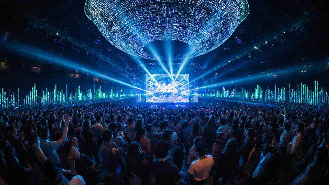 Vibrant nightclub with laser lights and dancing crowd, massive dance floor under a glowing holographic dome.