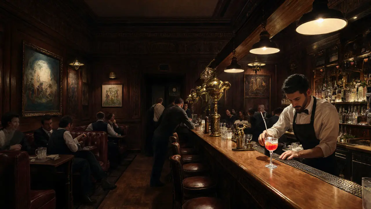 Vintage bar interior with bartender preparing a Negroni, soft lighting and jazz ambiance in Brera.