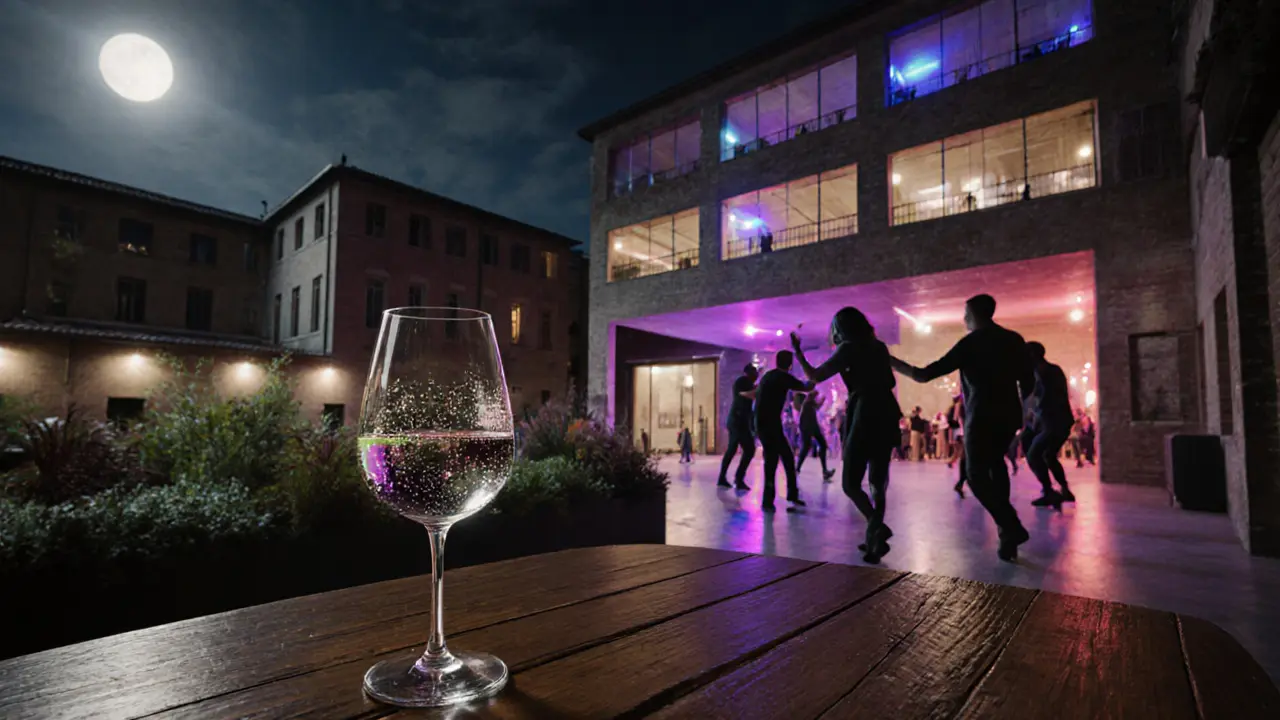 Warehouse club at night with glowing floors, rooftop garden, and silhouettes dancing to deep house music.