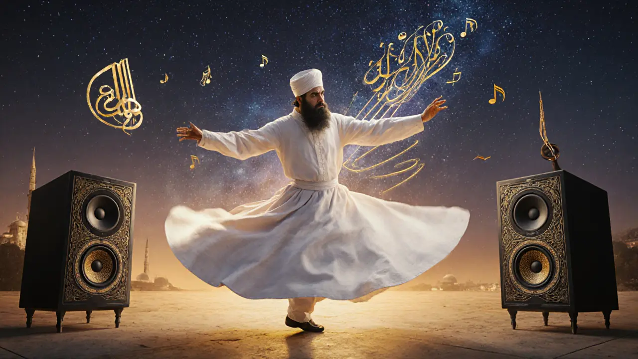 Whirling dervish in a spinning white robe, musical notes transforming into Ottoman script under a twilight sky.