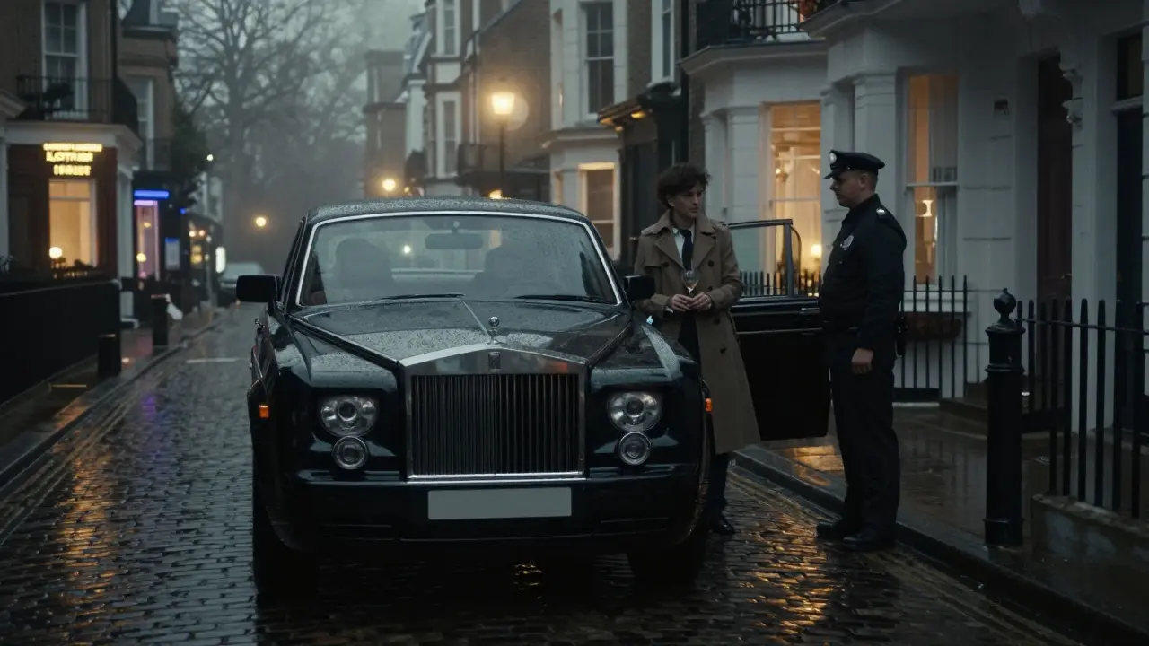 A black Rolls-Royce departs a historic London townhouse at night, windows tinted, disappearing into foggy streets.