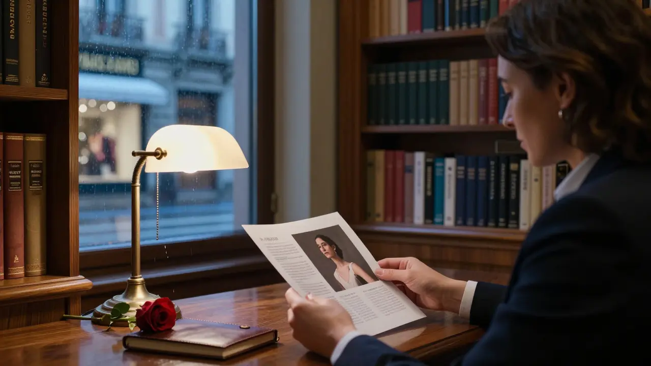 A client reviewing a companion&#039;s profile in a discreet Milan agency office with books and a rose on the desk.