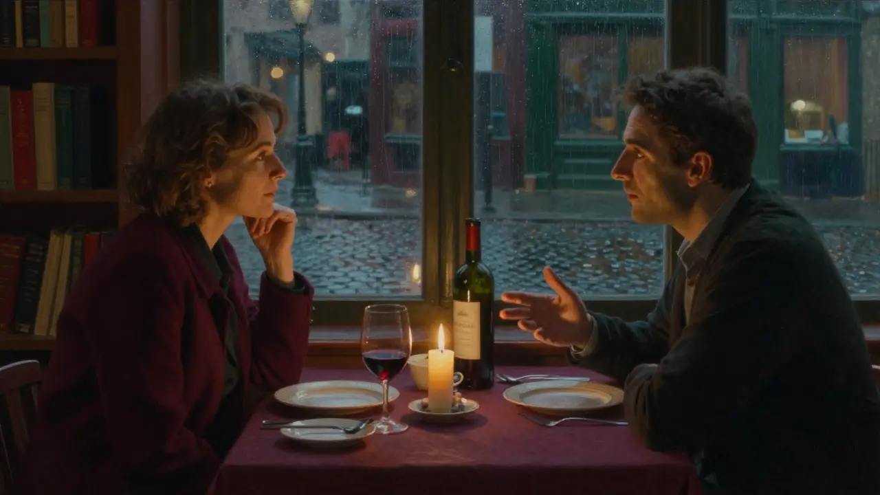 A couple enjoying a candlelit dinner in a private Soho restaurant, lost in thoughtful conversation.