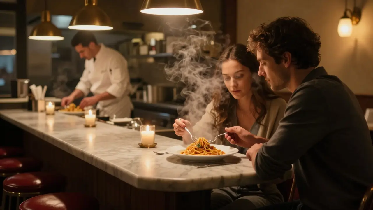 A couple enjoying fresh pasta in a warm, intimate Italian restaurant with steam rising from their plates.