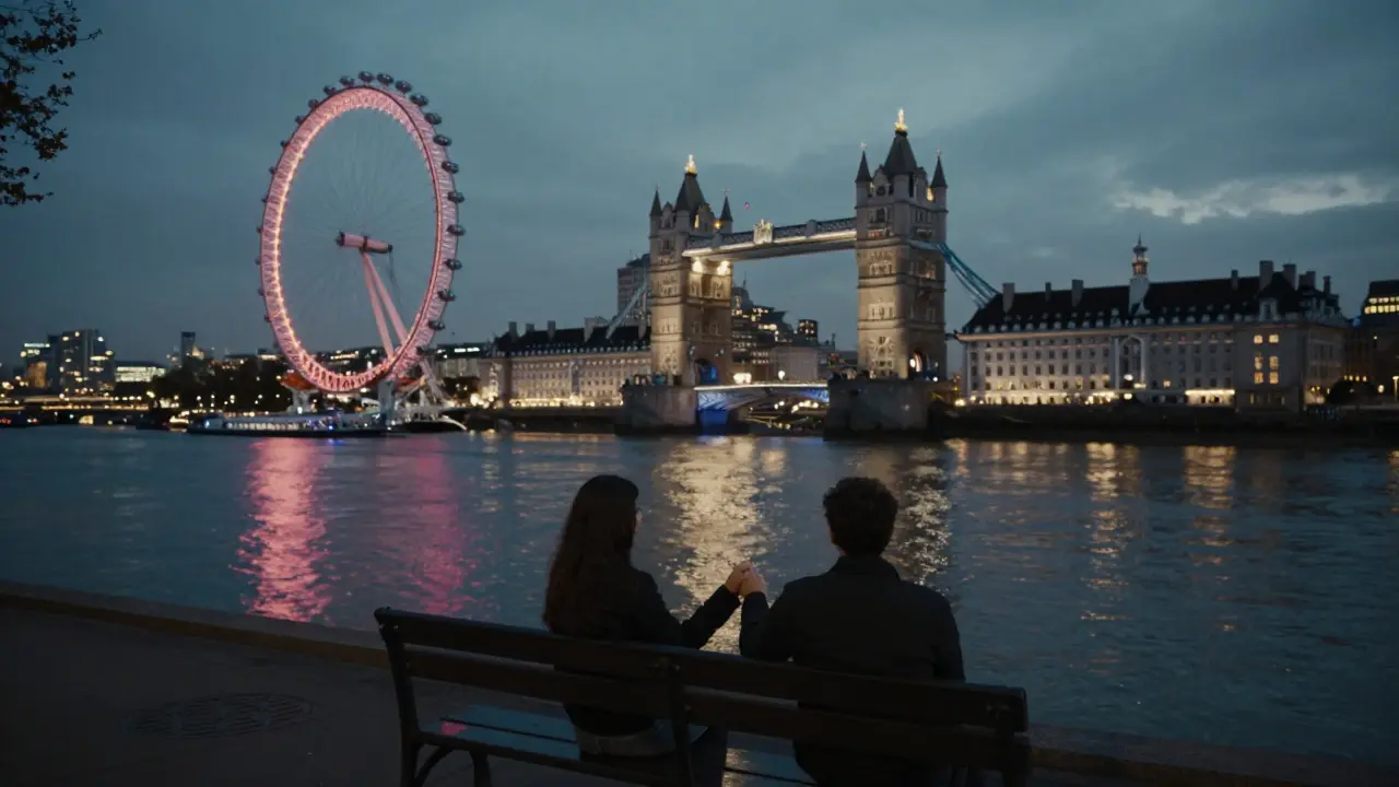 A couple sitting quietly on a bench by the Thames at night, city lights reflecting on the water.
