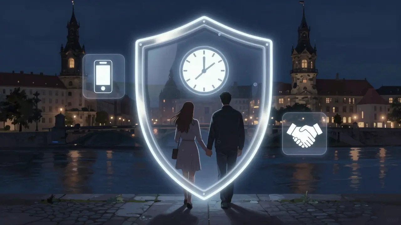 A couple walking by the Spree River protected by a glowing shield representing safety and consent.