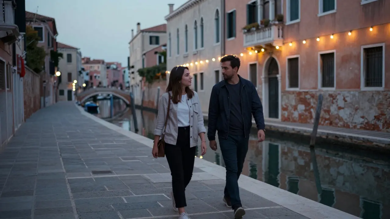 A couple walking peacefully along the Navigli canals at dusk, reflections in the water, no physical contact, quiet connection.