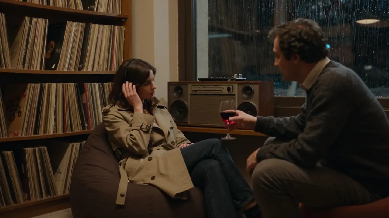 A cozy bookstore lounge at night, someone listening to jazz on vintage speakers with a glass of wine.