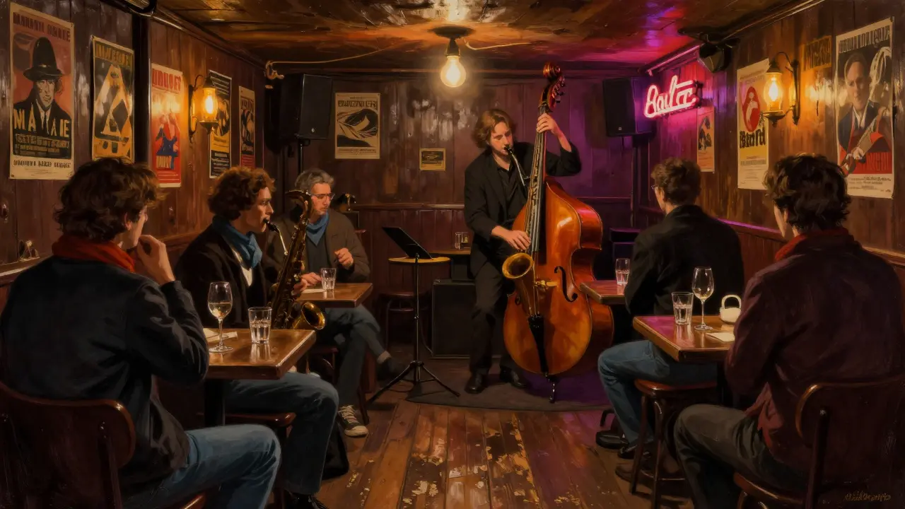 A cozy underground jazz club in Montmartre with musicians playing and patrons enjoying wine in dim, warm light.