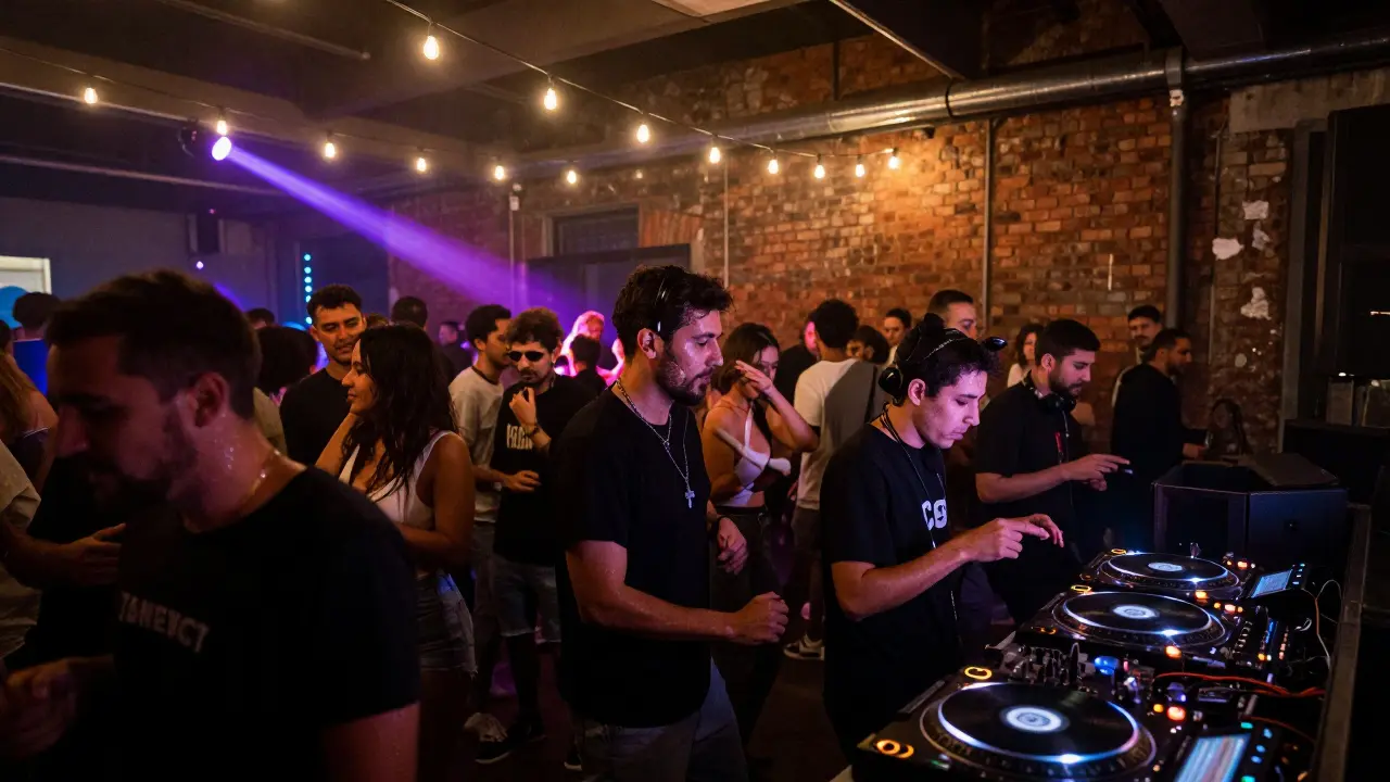 A crowded underground warehouse club with dancers lost in techno music under pulsing lights.