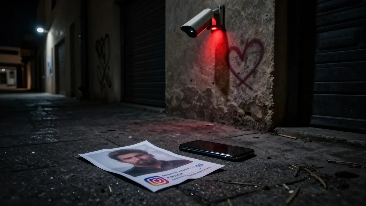 A discarded phone and faded flyer in a dark alley, symbolizing the risks of using public platforms for escort services.