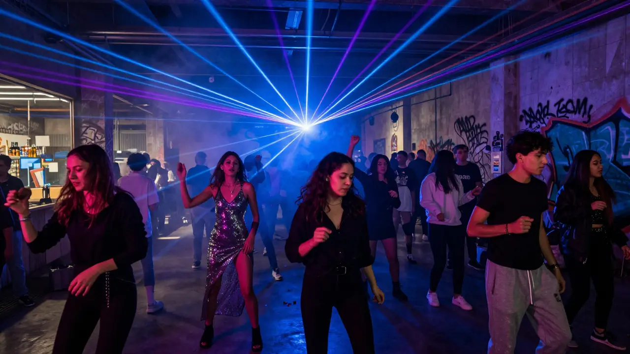 A diverse crowd dancing in a neon-lit warehouse club with lasers and smoke.