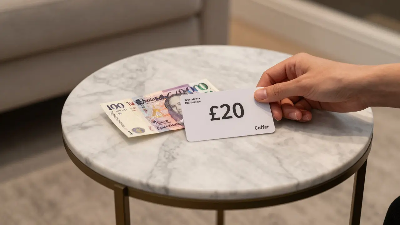 A gift card and cash placed separately on a marble table, clearly distinguishing appreciation from payment.
