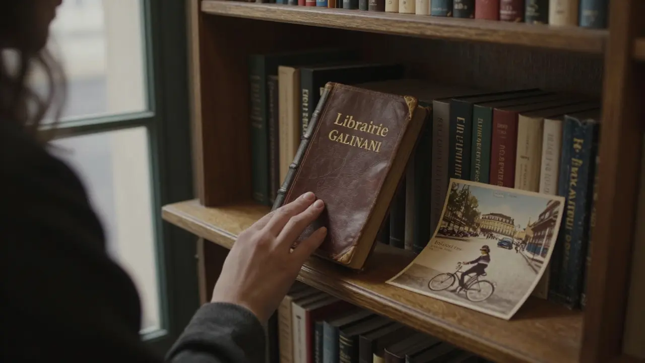 A hand touching a leather journal in a quiet Paris bookshop, with vintage postcards and aged books in the background.