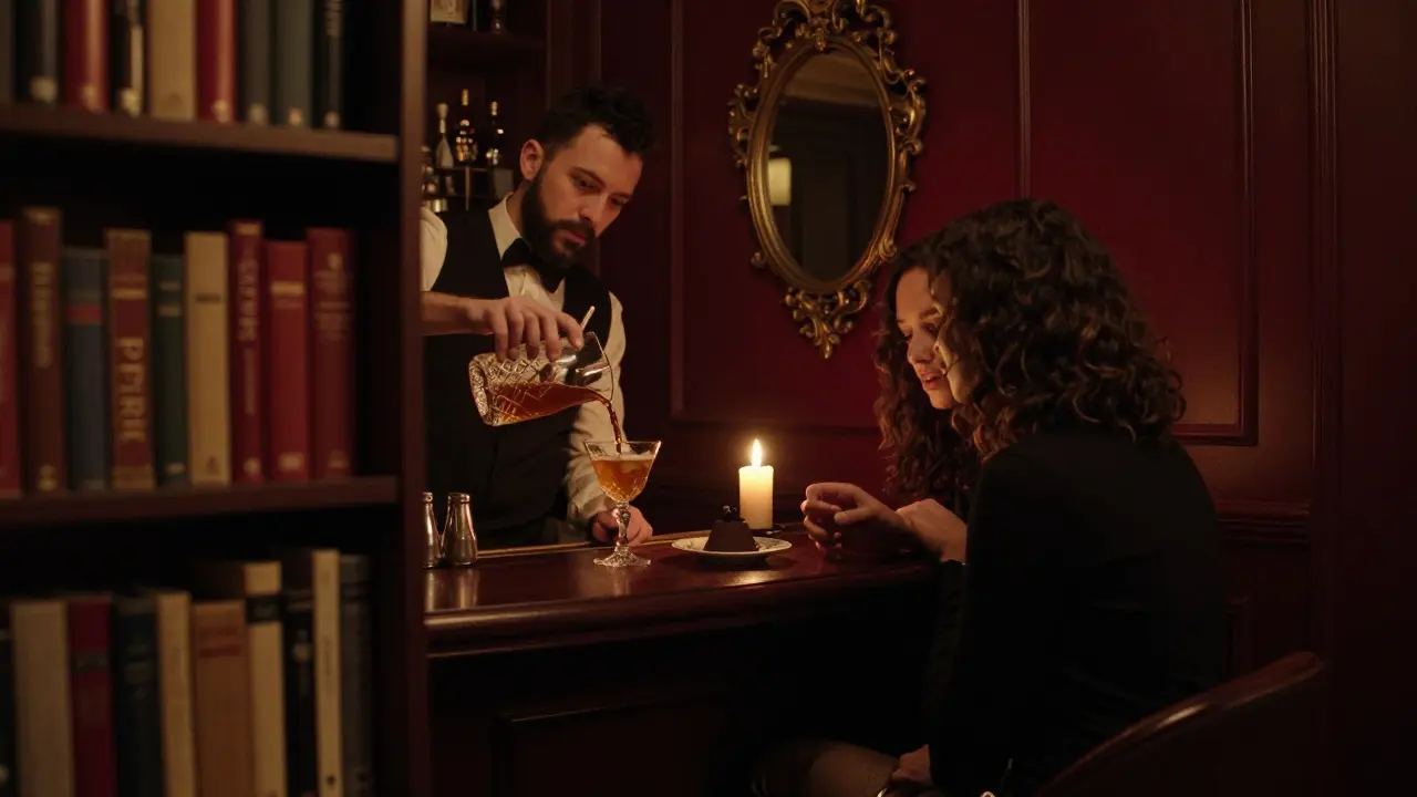 A hidden speakeasy bar with a bartender pouring a cocktail, illuminated by candlelight in a cozy, intimate setting.