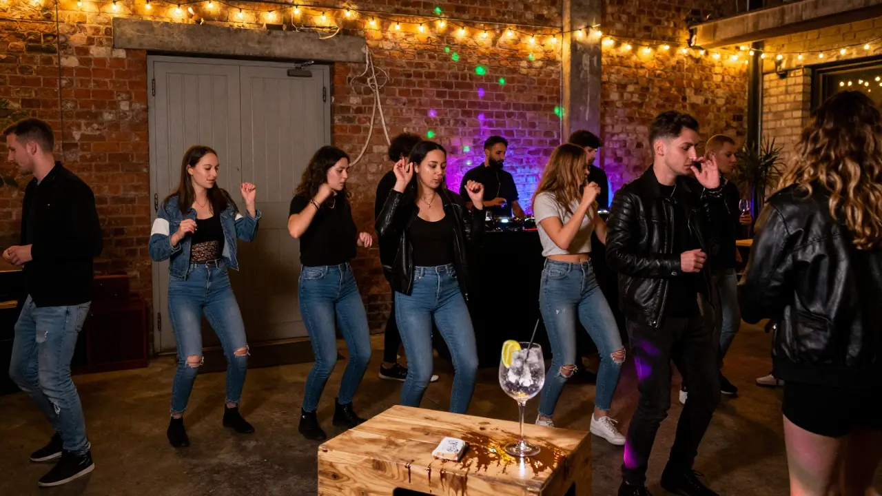 A hidden warehouse club with locals dancing under string lights, no bouncers, just raw music and movement.