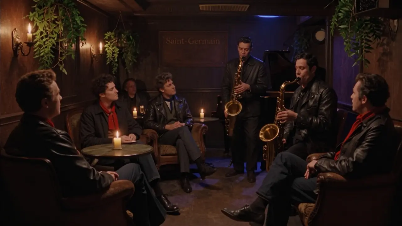 A jazz musician playing saxophone in a dimly lit basement bar surrounded by attentive listeners.