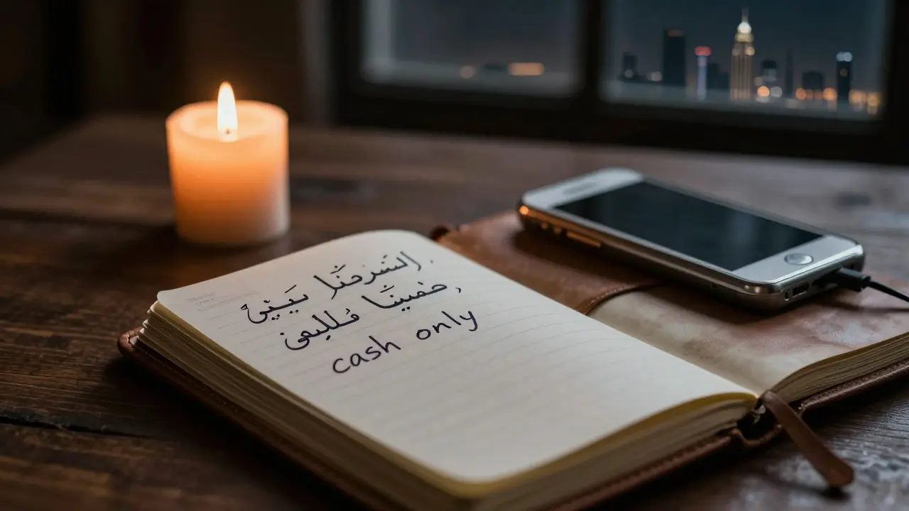 A leather notebook with handwritten safety notes and a flickering candle on a wooden table.