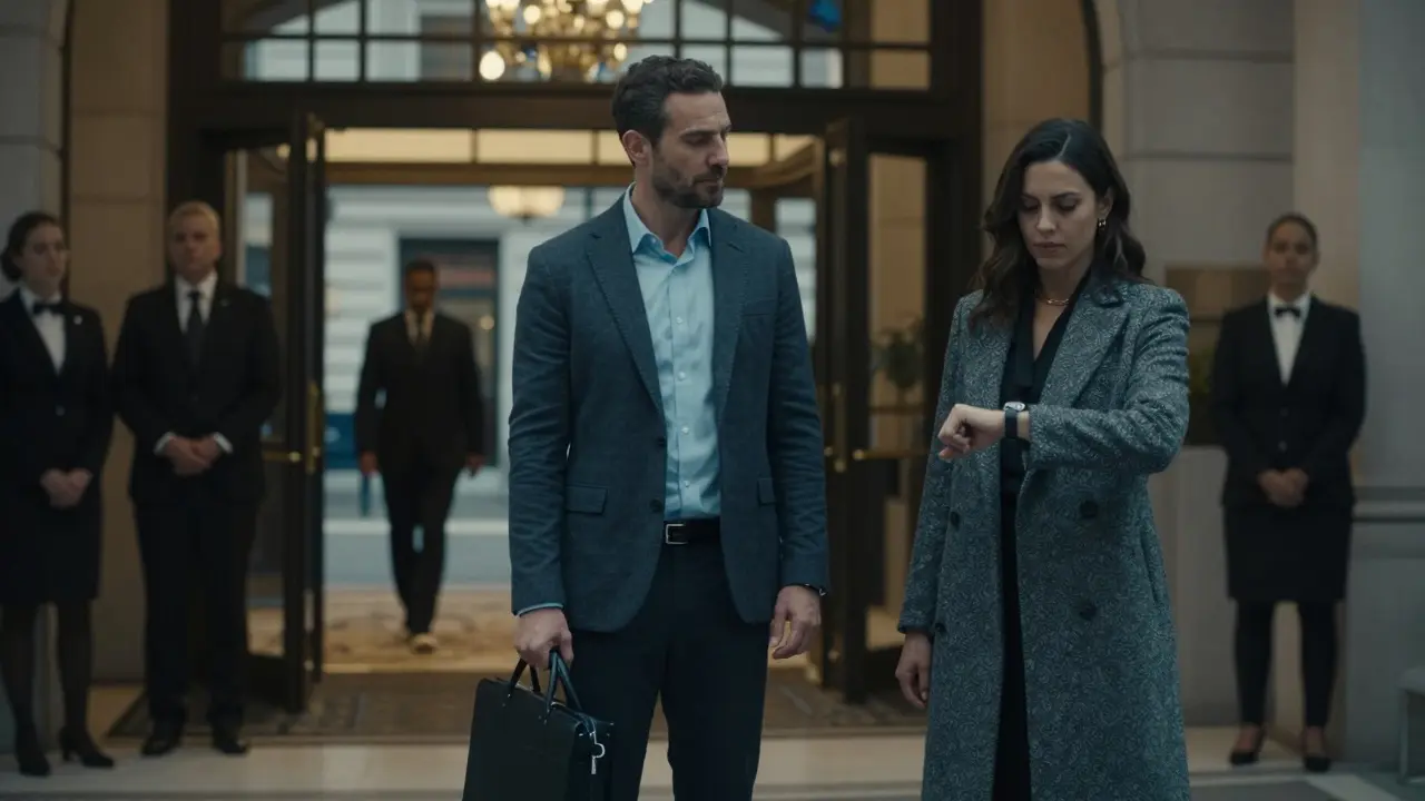 A man and woman in a luxury hotel lobby, maintaining emotional distance in a quiet, transient moment.