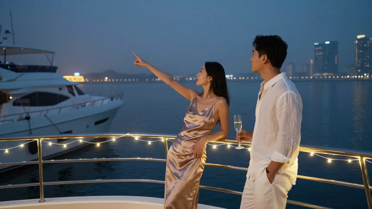 A man and woman on a luxury yacht at night, gazing at the city skyline in silent conversation.