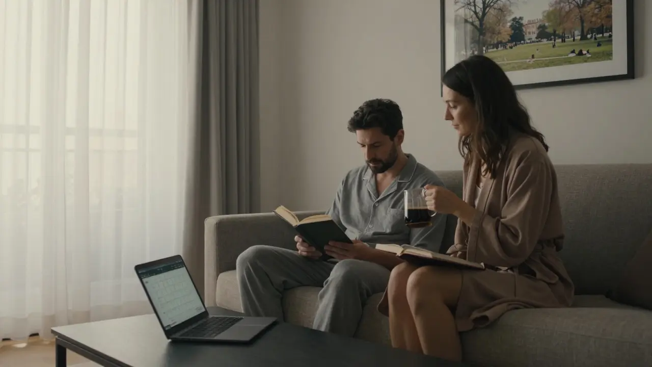 A man and woman sharing a peaceful morning in a minimalist London apartment.